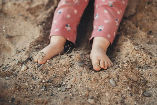 Close Portrait Babys Feet Playing Sand People Lifestyle Concept Summer —  Fotos de Stock