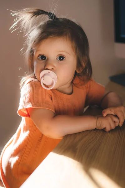 Portrait Adorable Baby Girl Pacifier Mouth Looking Very Charming Directly —  Fotos de Stock