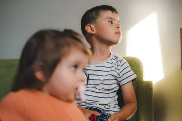 Caucasian brother spending time with his baby sister sucking a pacifier, concentrated watching on computer screen. Happy family together on weekend concept