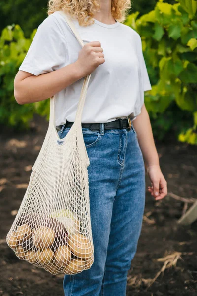 Portrait Unknown Girl Holding Shopping Cotton String Bag Vegetables Eco — Stockfoto