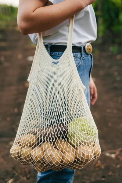 Girl Mesh Bag Vineyards Enjoying Summer Crops Summer Nature — Stockfoto