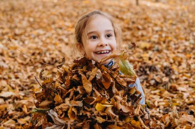 Happy girl having fun among fallen leaves, playing outdoors in the autumn park. Childhood concept. Family travel concept. Smiling happy child.