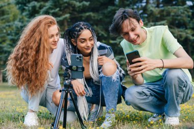 Group of cheerful hipster guys resting at park grass reading received message in group chat with followers. Young people on addict mood with mobile smart phone