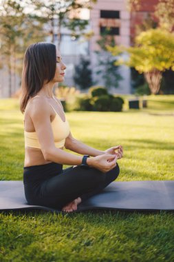 Güneşli bir sabah vakti, yoga minderinin üzerinde nilüferli bir poz veren yeşil çayırda meditasyon yapan beyaz bir kadının yan görüntüsü. Fitness egzersizi. Yeşil doğa. Sağlıklı