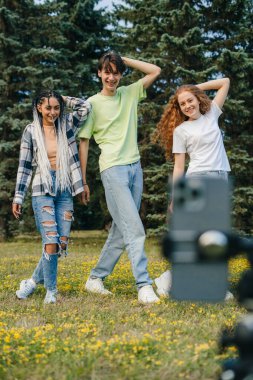 Yaz parkında dans eden dört komik arkadaştan oluşan bir grup tripod kullanarak akıllı telefondan bir video kaydediyor. Sosyal medya etkileyicisi