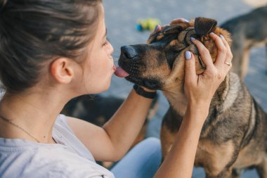 Güzel genç bir kadın köpeğini okşuyor ve onu evde, dışarıda öpüyor. Dışarıda mutlu bir aile. Açık hava yaşam tarzı. Eğlenceli aile..