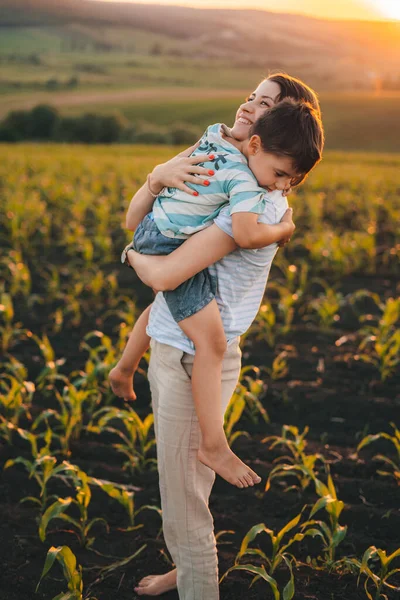 Side View Preschooler Boy Being Held Her Mothering Corn Field — Stock Photo, Image