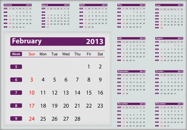 Calendario febrero 2013 destacando — Vector de stock