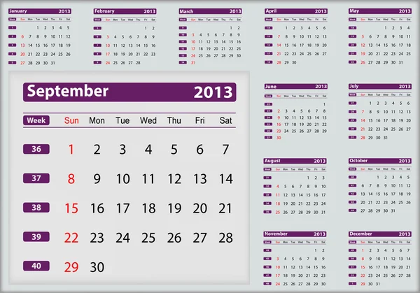 September 2013 kalender belyser — Stock vektor