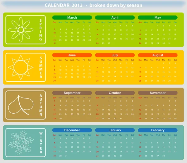 Calendario 2013 - desglosado por temporada — Vector de stock