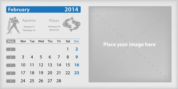 Febbraio 2014 Calendario e Zodiaco — Vettoriale Stock