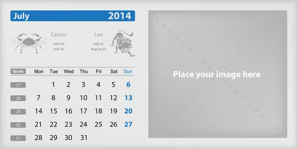 Julio 2014 Calendario y Zodíaco — Archivo Imágenes Vectoriales