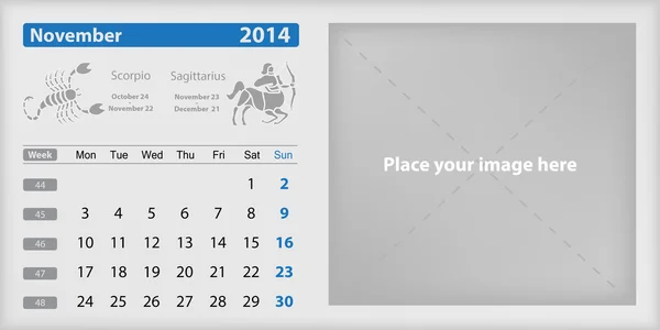 Novembre 2014 Calendario e Zodiaco — Vettoriale Stock