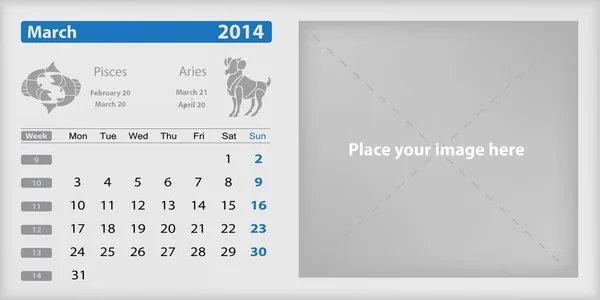 März 2014 Kalender und Tierkreis — Stockvektor