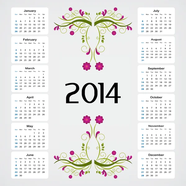 Calendrier 2014 - Modèle de fleur — Image vectorielle