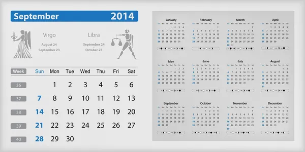 Calendario 2014 - Septiembre destacado — Archivo Imágenes Vectoriales