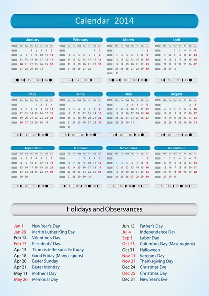 Calendario dell'anno 2014 (Stati Uniti ) — Vettoriale Stock