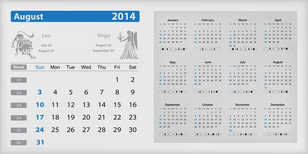 Calendario 2014 - Agosto evidenziato — Vettoriale Stock