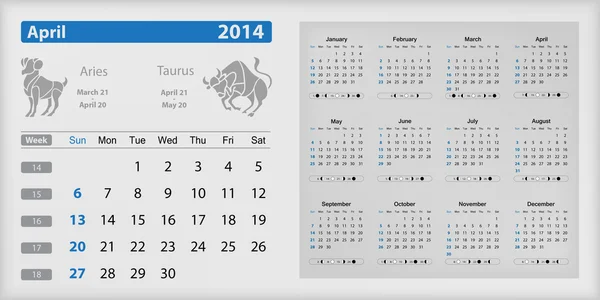 Kalender 2014 - april gemarkeerd — Stockvector