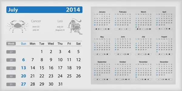 Kalender 2014 - juli gemarkeerd — Stockvector