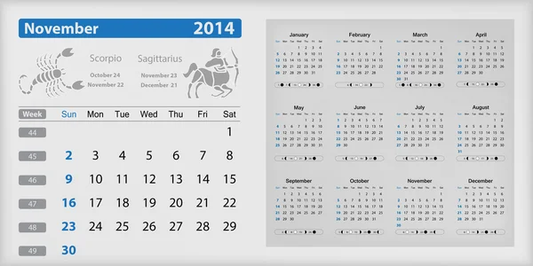 Calendario 2014 - Novembre evidenziato — Vettoriale Stock