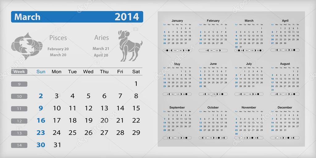 Calendar 2014 - March highlighted