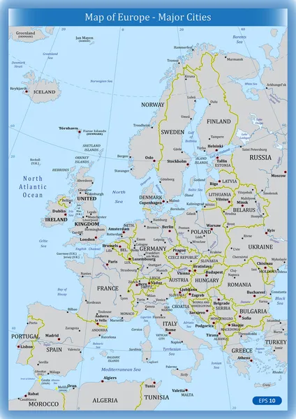 Mappa dell'Europa - Principali città — Vettoriale Stock