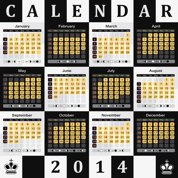 Calendario 2014 - fondo tablero de ajedrez — Archivo Imágenes Vectoriales