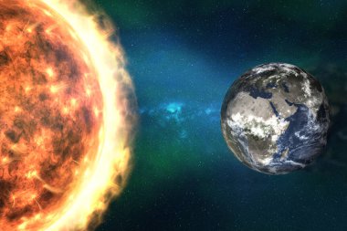 Uzayda güneş fırtınası. Dünya gezegenine güneş radyasyonu akışı. 3 boyutlu resimleme. Bu görüntünün elementleri NASA tarafından döşendi.