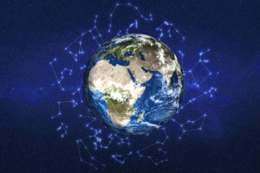 Uzayda Zodyak takımyıldızları olan bir gezegen. Kuzey ve Güney Amerika. Mavi gezegen. Bilim kurgu. Bu görüntünün elementleri NASA tarafından döşendi.