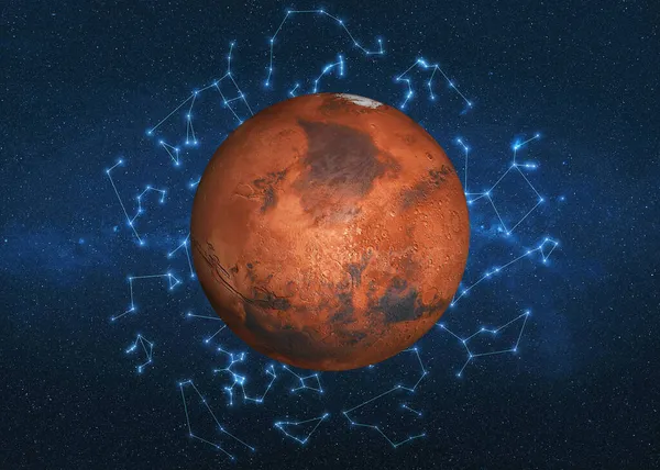 Planeta Mars Vesmíru Zvěrokruhovými Souhvězdími Pozadí Vykreslená Ilustrace Science Fiction — Stock fotografie