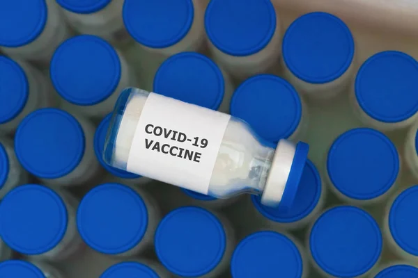 Coronavirus Infection Covid Vaccine Bottles Vaccine Ampoules Box Closeup — Stock Photo, Image