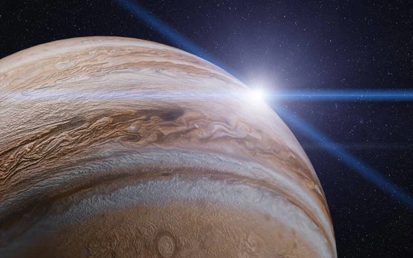 Zonsopkomst Boven Jupiter Planeet Van Zonnestelsel Met Lens Flare Geïllustreerd — Stockfoto