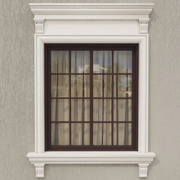 Klassische Fenster Mit Stuckverzierungen Für Ein Privathaus lizenzfreie Stockfotos