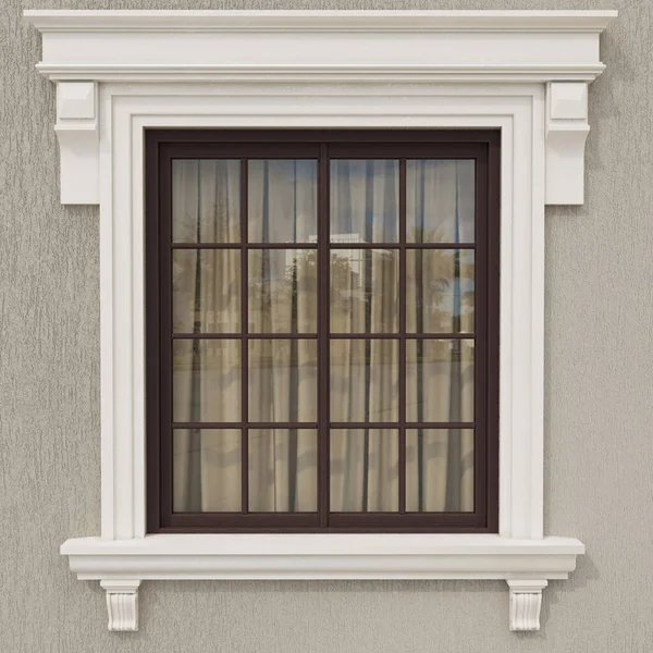 Klassische Fenster Mit Stuckverzierungen Für Ein Privathaus lizenzfreie Stockbilder