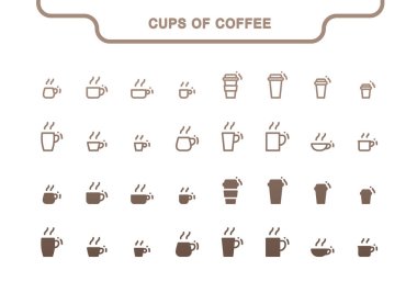 Basit vektör simgesi seti. Kahve fincanları ve doldurma koleksiyonu: paket kahve, americano, cappuccino, latte, espresso, düz beyaz, raf, glace, mocachino, frappe, lungo, çay, sıcak çikolata