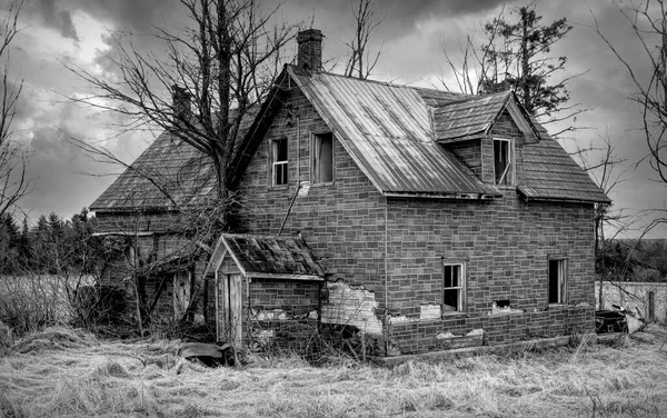 Baharda Kanada 'nın kırsal kesimindeki bir çiftlik bahçesinde terk edilmiş, eski, siyah beyaz, ürkütücü görünümlü bir ev.
