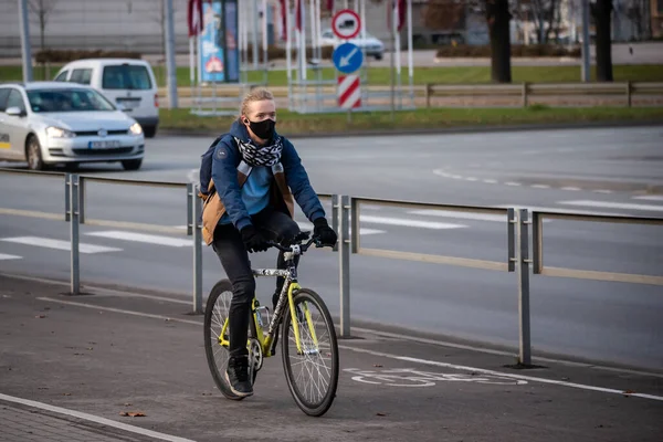 Riga Latvia 10Th November 2020 Person Wearing Face Mask While — стоковое фото
