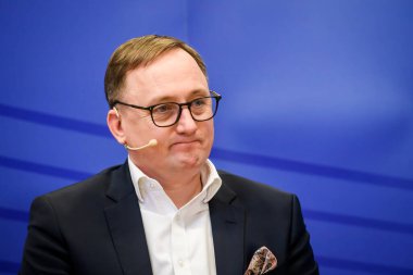 RIGA, LATVIA. 11th January 2022. Paschal Donohoe, Minister for Finance of Ireland, President of Eurogroup, during discussion with Martins Kazaks, Governor of central bank of Latvia.