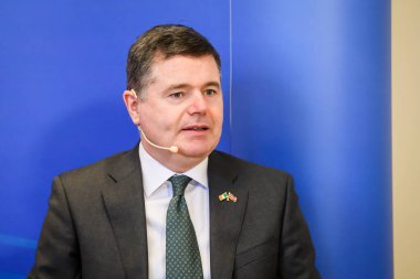 RIGA, LATVIA. 11th January 2022. Paschal Donohoe (at photo), Minister for Finance of Ireland, President of Eurogroup, during discussion with Martins Kazaks, Governor of central bank of Latvia.
