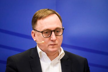 RIGA, LATVIA. 11th January 2022. Paschal Donohoe, Minister for Finance of Ireland, President of Eurogroup, during discussion with Martins Kazaks, Governor of central bank of Latvia.