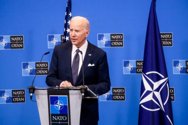 BRÜZSEL, BELGIUM. 24 Mart 2022. Joe Biden, ABD Başkanı, NATO Olağanüstü Zirvesi 'nden sonra düzenlediği basın toplantısında. Brüksel, Belçika