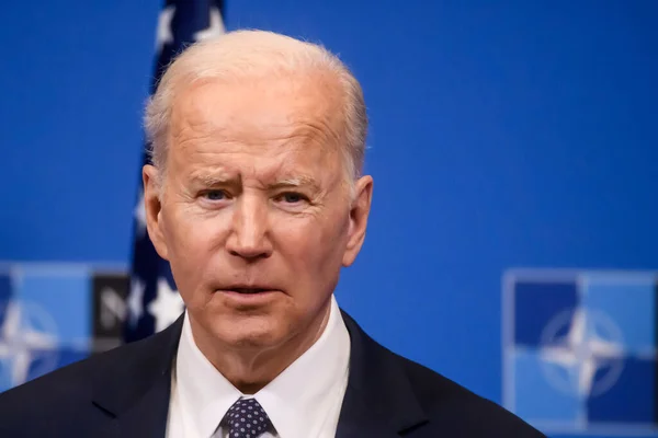 BRÜZSEL, BELGIUM. 24 Mart 2022. Joe Biden, ABD Başkanı, NATO Olağanüstü Zirvesi 'nden sonra düzenlediği basın toplantısında. Brüksel, Belçika