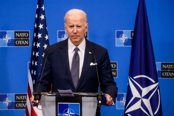 BRÜZSEL, BELGIUM. 24 Mart 2022. Joe Biden, ABD Başkanı, NATO Olağanüstü Zirvesi 'nden sonra düzenlediği basın toplantısında. Brüksel, Belçika
