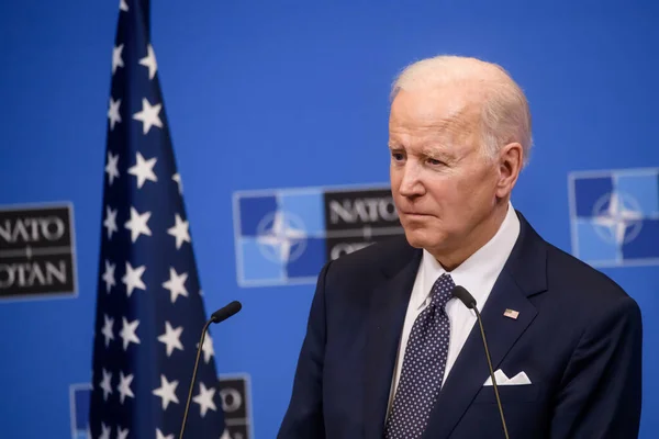 BRÜZSEL, BELGIUM. 24 Mart 2022. Joe Biden, ABD Başkanı, NATO Olağanüstü Zirvesi 'nden sonra düzenlediği basın toplantısında. Brüksel, Belçika