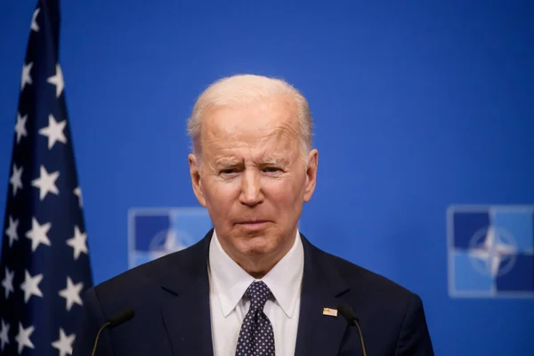 BRÜZSEL, BELGIUM. 24 Mart 2022. Joe Biden, ABD Başkanı, NATO Olağanüstü Zirvesi 'nden sonra düzenlediği basın toplantısında. Brüksel, Belçika