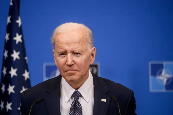 BRÜZSEL, BELGIUM. 24 Mart 2022. Joe Biden, ABD Başkanı, NATO Olağanüstü Zirvesi 'nden sonra düzenlediği basın toplantısında. Brüksel, Belçika