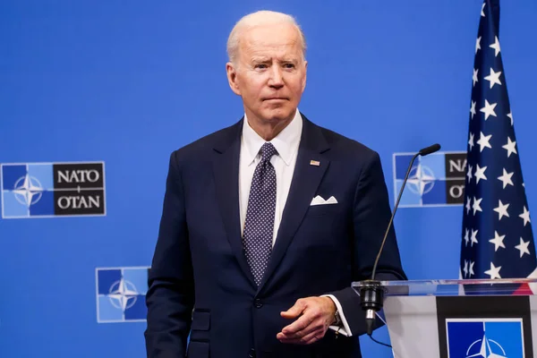 BRÜZSEL, BELGIUM. 24 Mart 2022. Joe Biden, ABD Başkanı, NATO Olağanüstü Zirvesi 'nden sonra düzenlediği basın toplantısında. Brüksel, Belçika