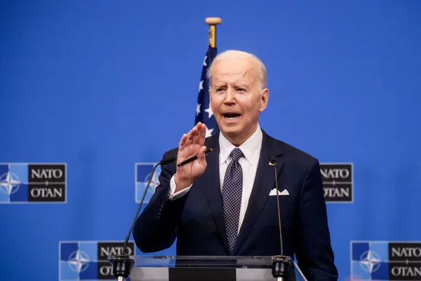 BRÜZSEL, BELGIUM. 24 Mart 2022. Joe Biden, ABD Başkanı, NATO Olağanüstü Zirvesi 'nden sonra düzenlediği basın toplantısında. Brüksel, Belçika