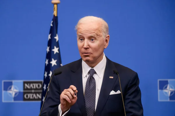 BRÜZSEL, BELGIUM. 24 Mart 2022. Joe Biden, ABD Başkanı, NATO Olağanüstü Zirvesi 'nden sonra düzenlediği basın toplantısında. Brüksel, Belçika